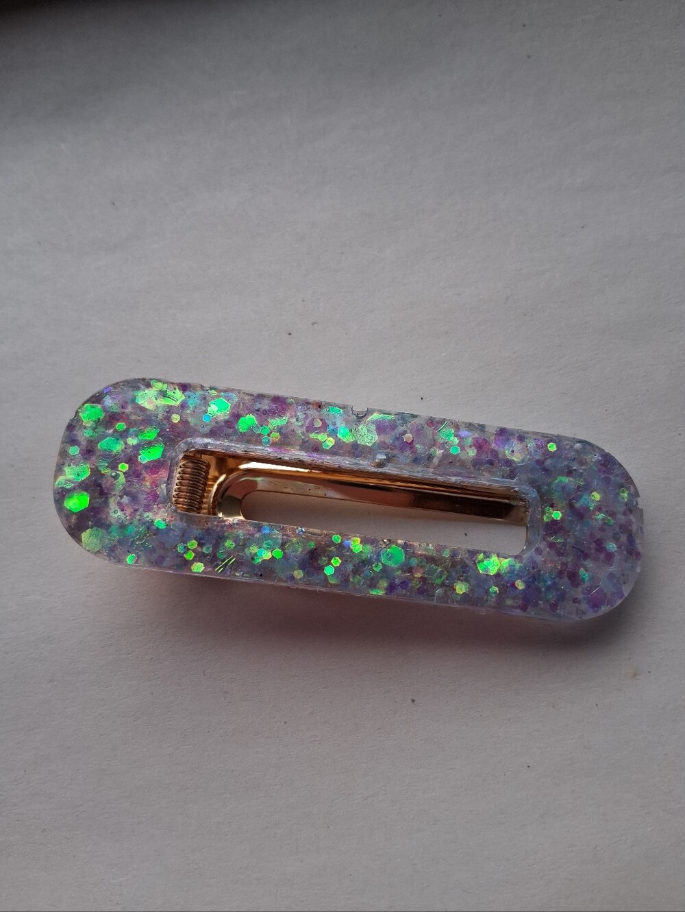5/$25 Hand Crafted Iridescent Purple and Green Glitter Resin Hair Clip - Picture 2 of 3